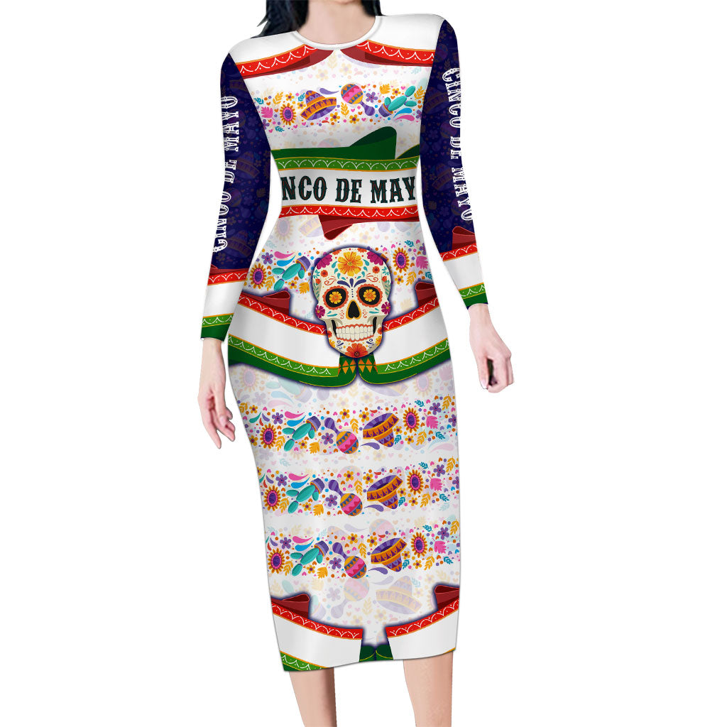 Cinco De Mayo Sugar Skull Mariachi Long Sleeve Bodycon Dress Mexican Fiesta Floral Skeleton Guitar Folk Art