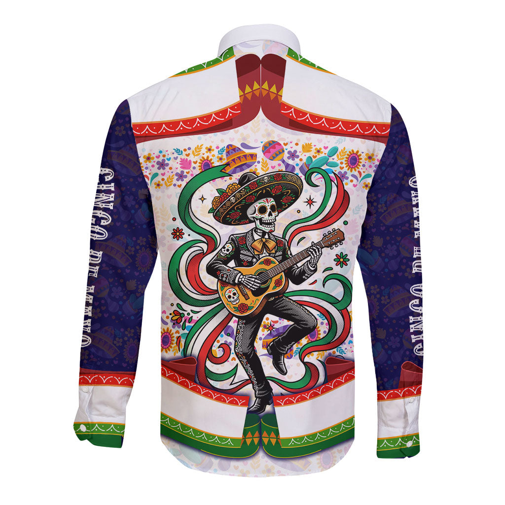 Cinco De Mayo Sugar Skull Mariachi Long Sleeve Button Shirt Mexican Fiesta Floral Skeleton Guitar Folk Art