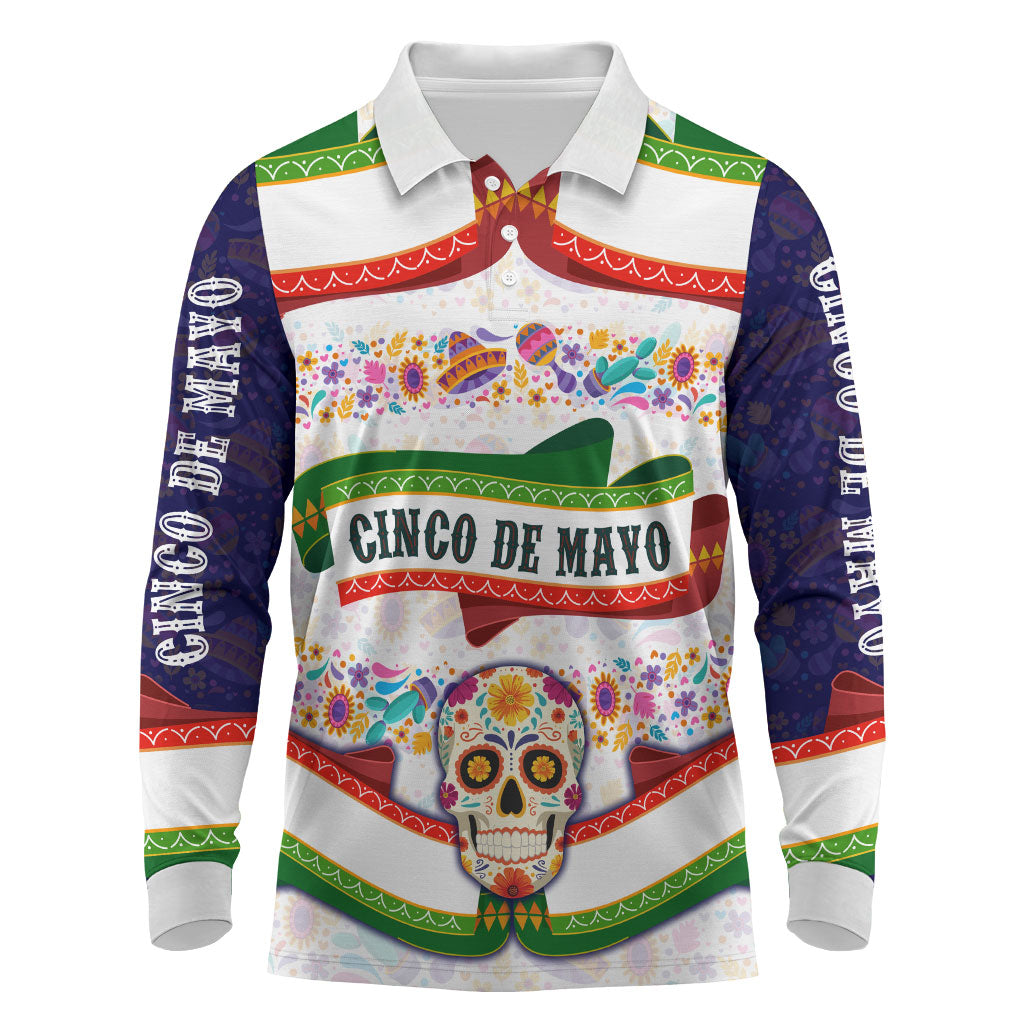 Cinco De Mayo Sugar Skull Mariachi Long Sleeve Polo Shirt Mexican Fiesta Floral Skeleton Guitar Folk Art
