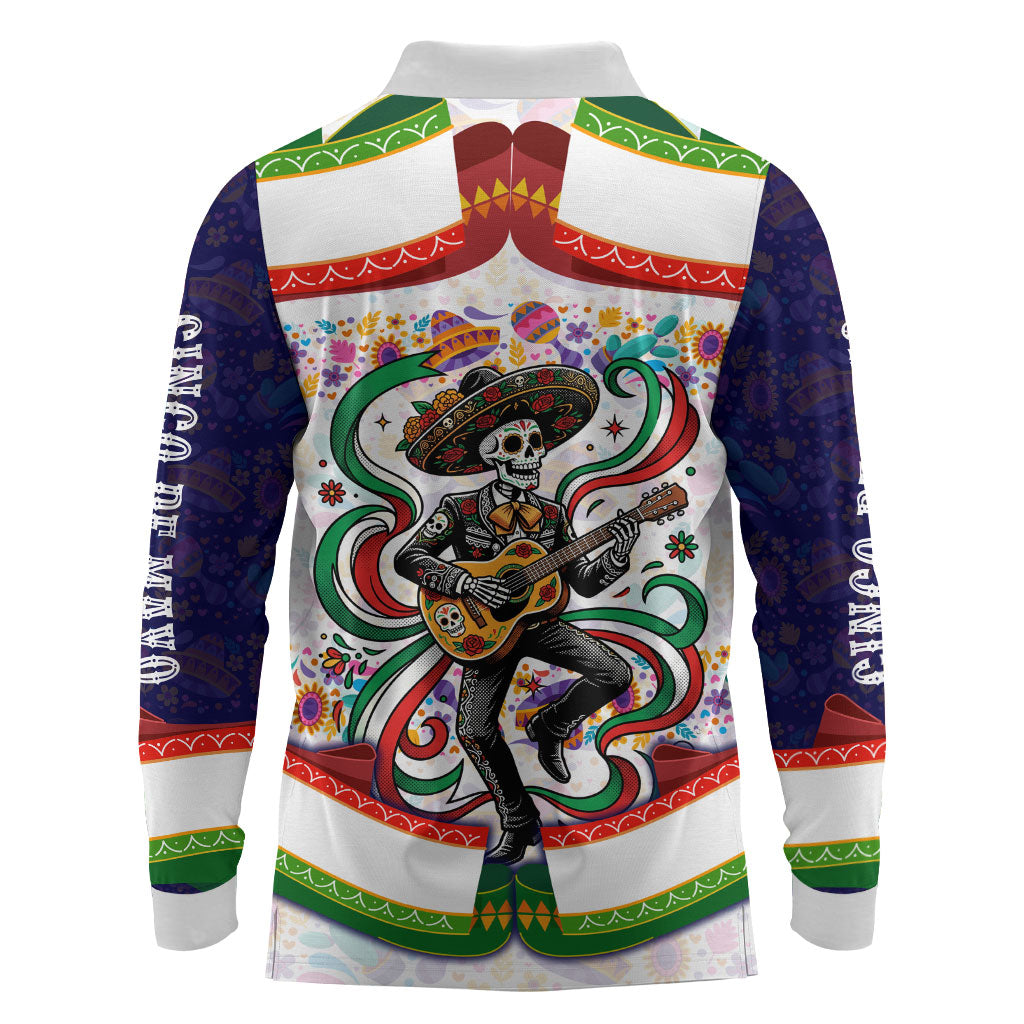 Cinco De Mayo Sugar Skull Mariachi Long Sleeve Polo Shirt Mexican Fiesta Floral Skeleton Guitar Folk Art