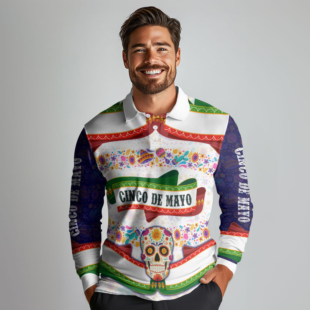 Cinco De Mayo Sugar Skull Mariachi Long Sleeve Polo Shirt Mexican Fiesta Floral Skeleton Guitar Folk Art