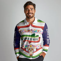 Cinco De Mayo Sugar Skull Mariachi Long Sleeve Polo Shirt Mexican Fiesta Floral Skeleton Guitar Folk Art