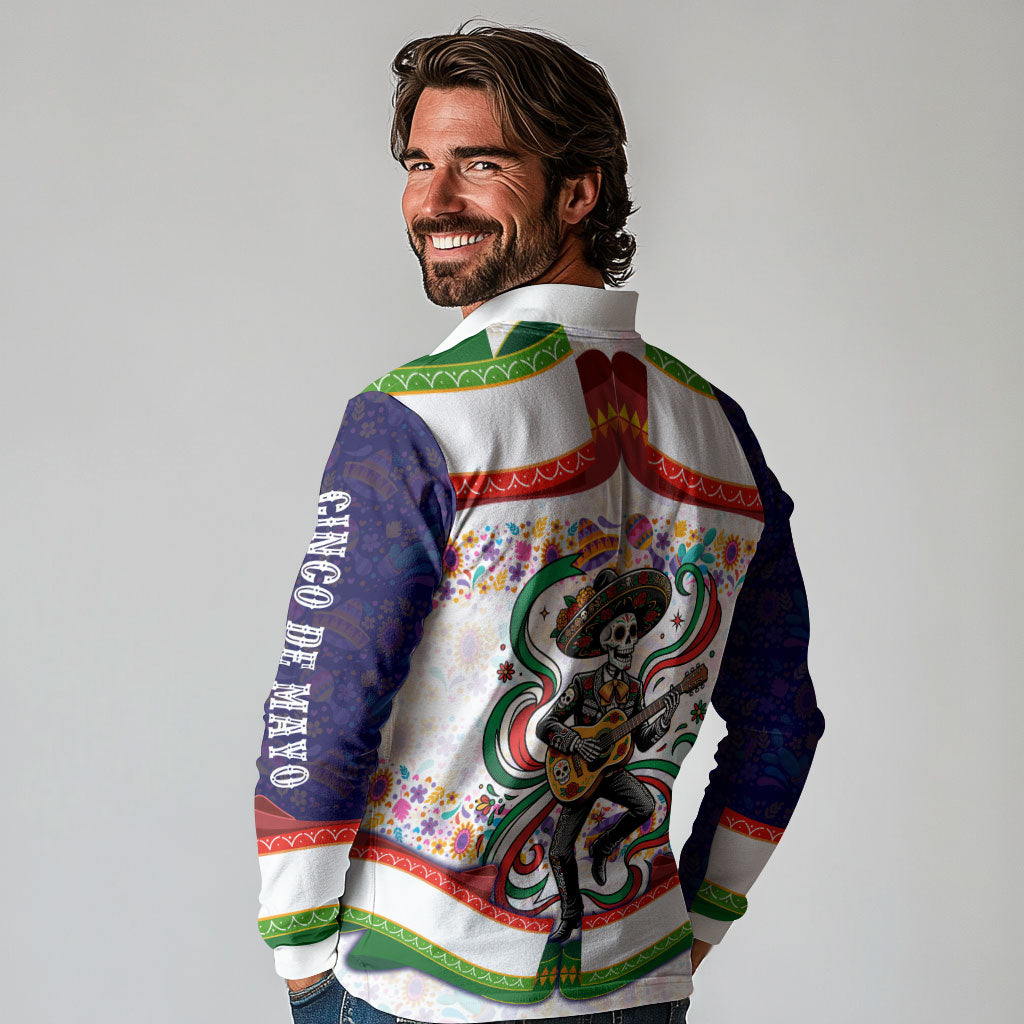 Cinco De Mayo Sugar Skull Mariachi Long Sleeve Polo Shirt Mexican Fiesta Floral Skeleton Guitar Folk Art