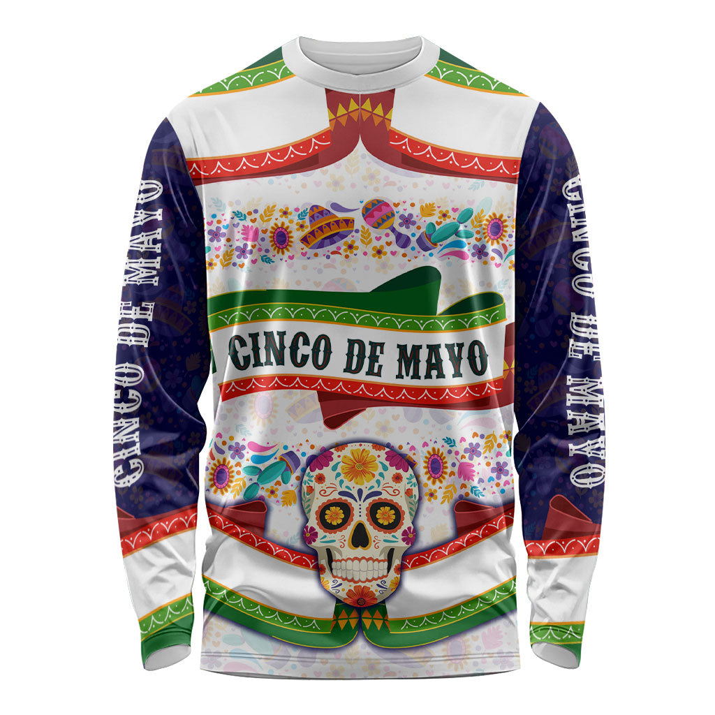 Cinco De Mayo Sugar Skull Mariachi Long Sleeve Shirt Mexican Fiesta Floral Skeleton Guitar Folk Art