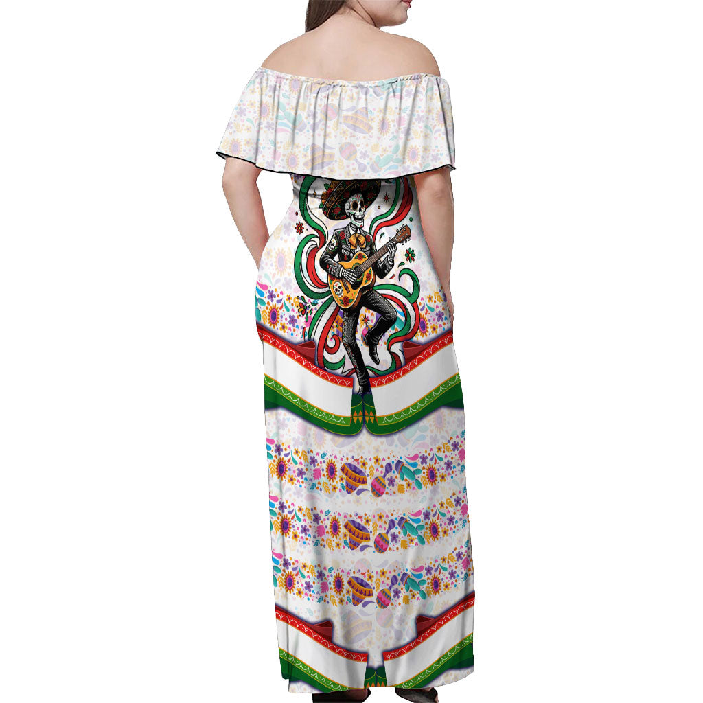 Cinco De Mayo Sugar Skull Mariachi Off Shoulder Maxi Dress Mexican Fiesta Floral Skeleton Guitar Folk Art