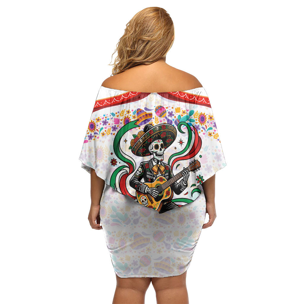 Cinco De Mayo Sugar Skull Mariachi Off Shoulder Short Dress Mexican Fiesta Floral Skeleton Guitar Folk Art