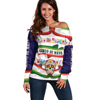 Cinco De Mayo Sugar Skull Mariachi Off Shoulder Sweater Mexican Fiesta Floral Skeleton Guitar Folk Art