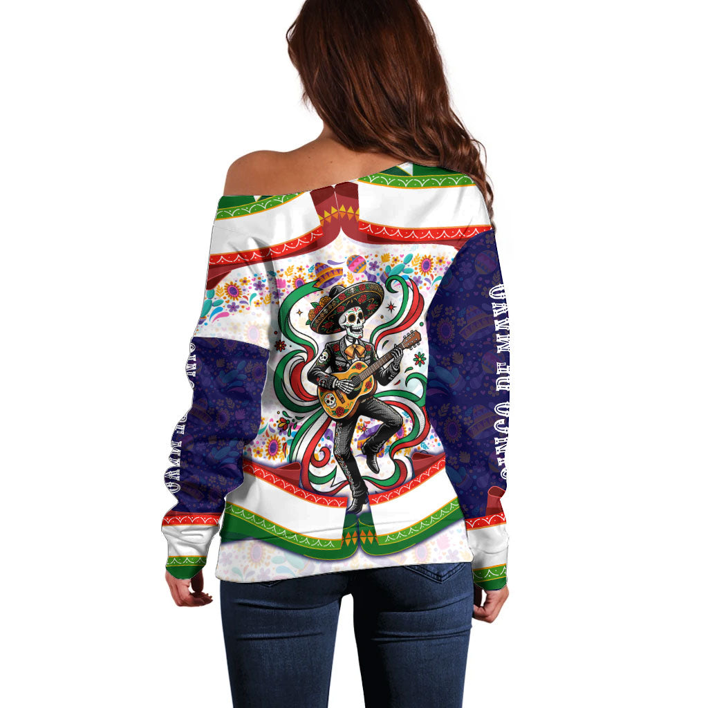 Cinco De Mayo Sugar Skull Mariachi Off Shoulder Sweater Mexican Fiesta Floral Skeleton Guitar Folk Art