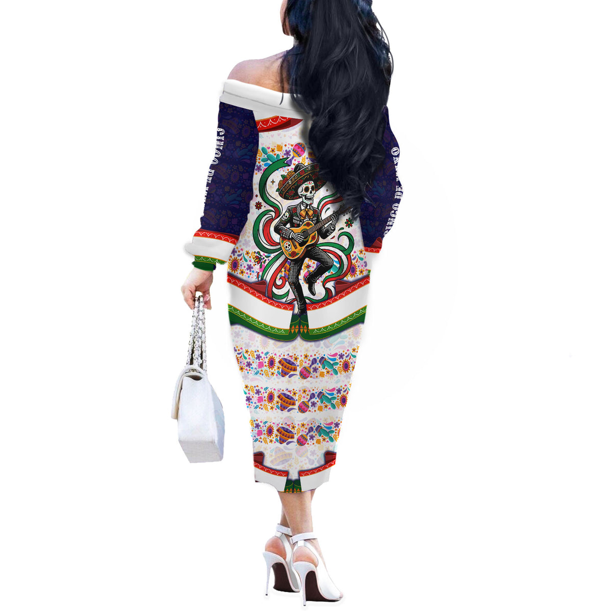 Cinco De Mayo Sugar Skull Mariachi Off The Shoulder Long Sleeve Dress Mexican Fiesta Floral Skeleton Guitar Folk Art