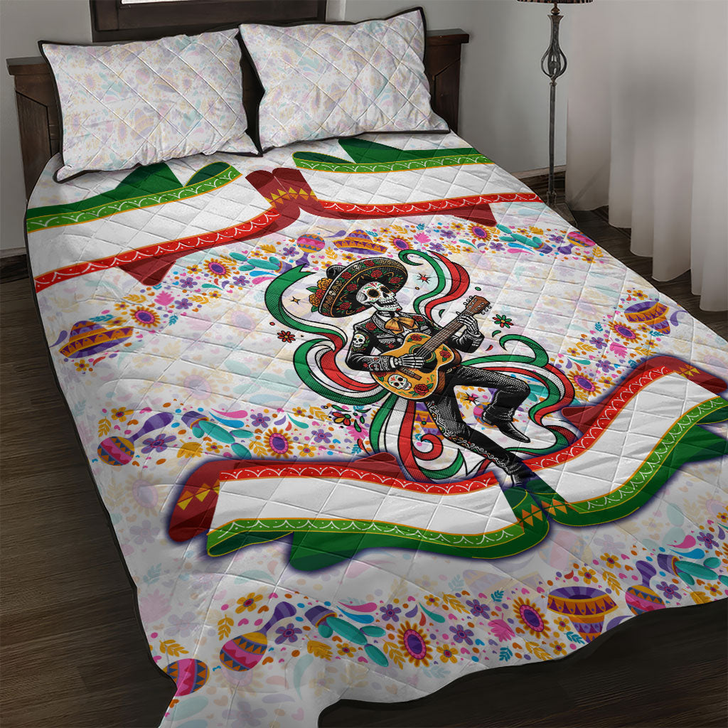 Cinco De Mayo Sugar Skull Mariachi Quilt Bed Set Mexican Fiesta Floral Skeleton Guitar Folk Art