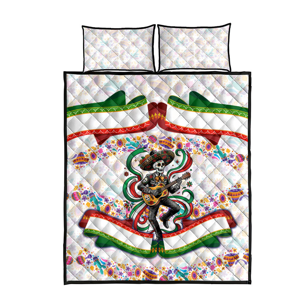 Cinco De Mayo Sugar Skull Mariachi Quilt Bed Set Mexican Fiesta Floral Skeleton Guitar Folk Art