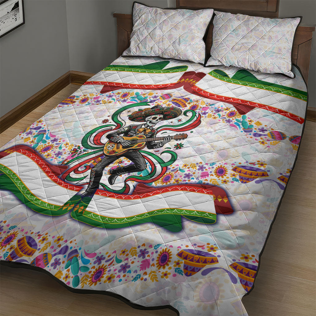 Cinco De Mayo Sugar Skull Mariachi Quilt Bed Set Mexican Fiesta Floral Skeleton Guitar Folk Art