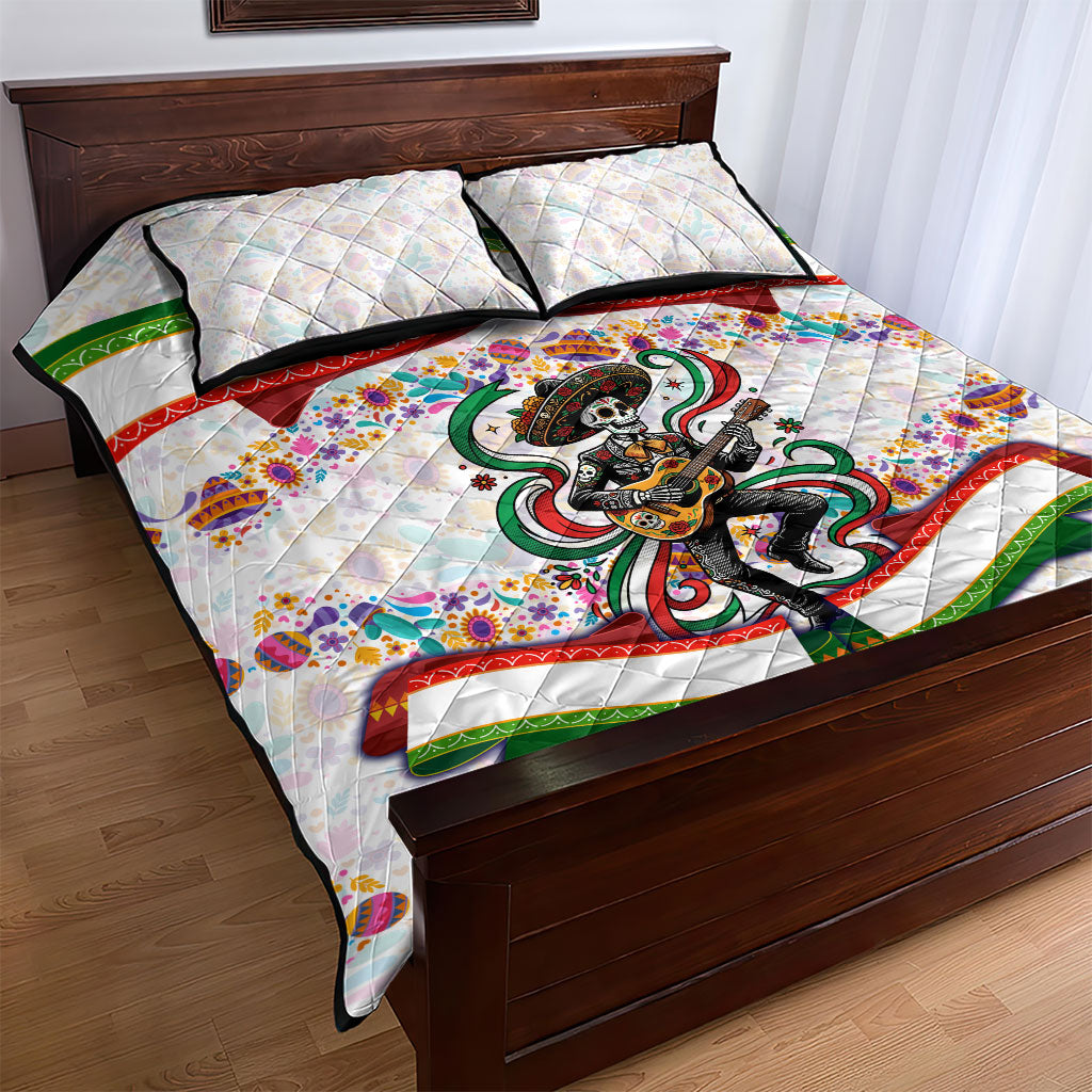 Cinco De Mayo Sugar Skull Mariachi Quilt Bed Set Mexican Fiesta Floral Skeleton Guitar Folk Art