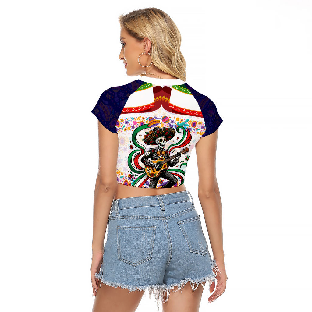 Cinco De Mayo Sugar Skull Mariachi Raglan Cropped T Shirt Mexican Fiesta Floral Skeleton Guitar Folk Art