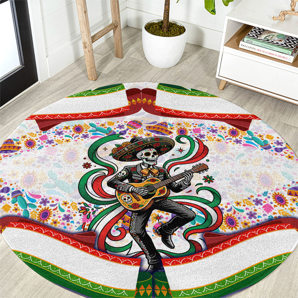Cinco De Mayo Sugar Skull Mariachi Round Carpet Mexican Fiesta Floral Skeleton Guitar Folk Art