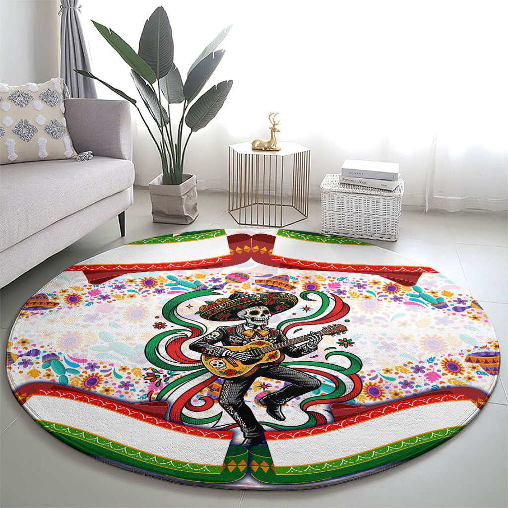 Cinco De Mayo Sugar Skull Mariachi Round Carpet Mexican Fiesta Floral Skeleton Guitar Folk Art