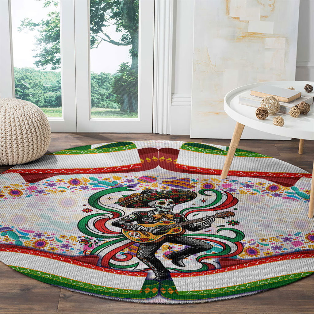 Cinco De Mayo Sugar Skull Mariachi Round Carpet Mexican Fiesta Floral Skeleton Guitar Folk Art
