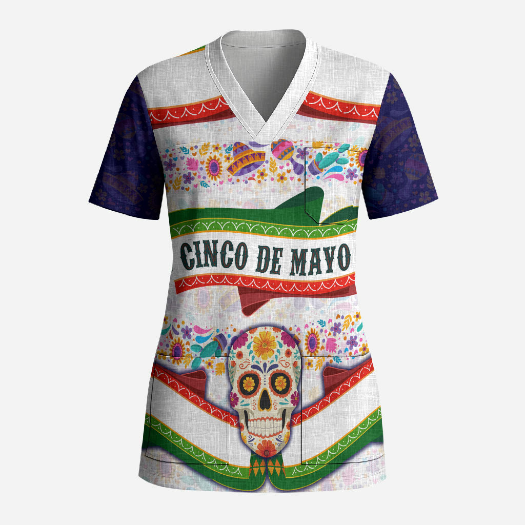 Cinco De Mayo Sugar Skull Mariachi Scrub Top Mexican Fiesta Floral Skeleton Guitar Folk Art