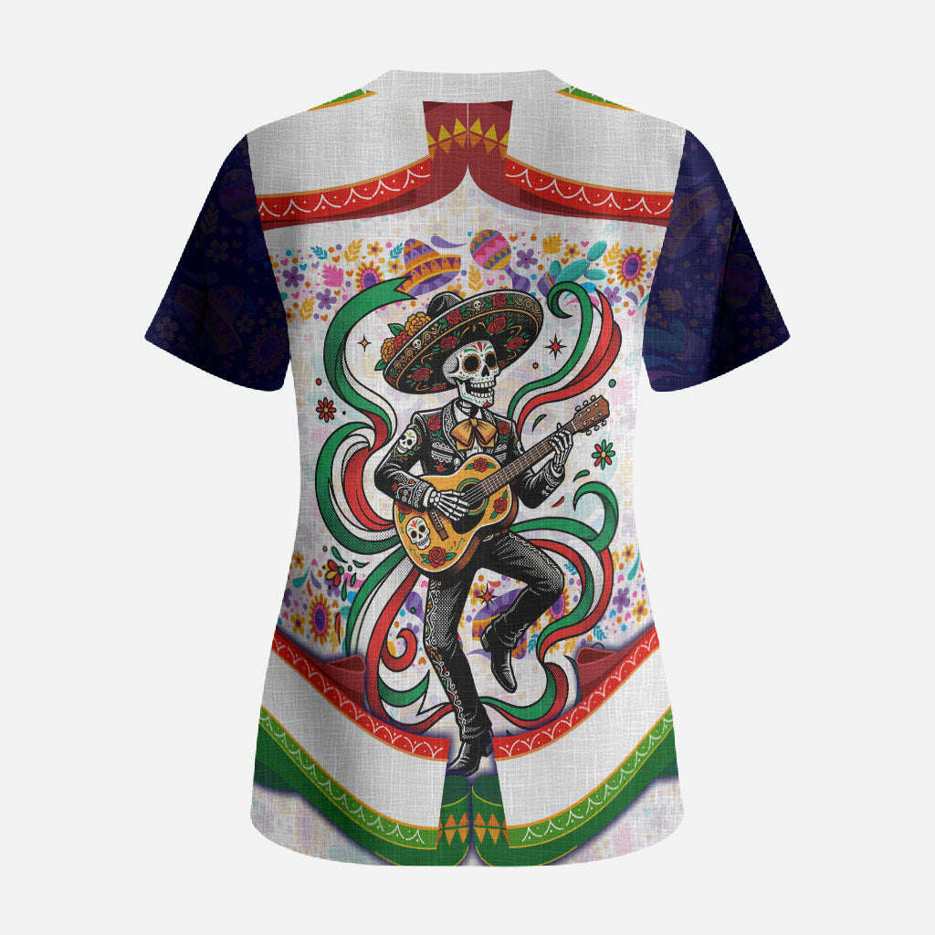 Cinco De Mayo Sugar Skull Mariachi Scrub Top Mexican Fiesta Floral Skeleton Guitar Folk Art