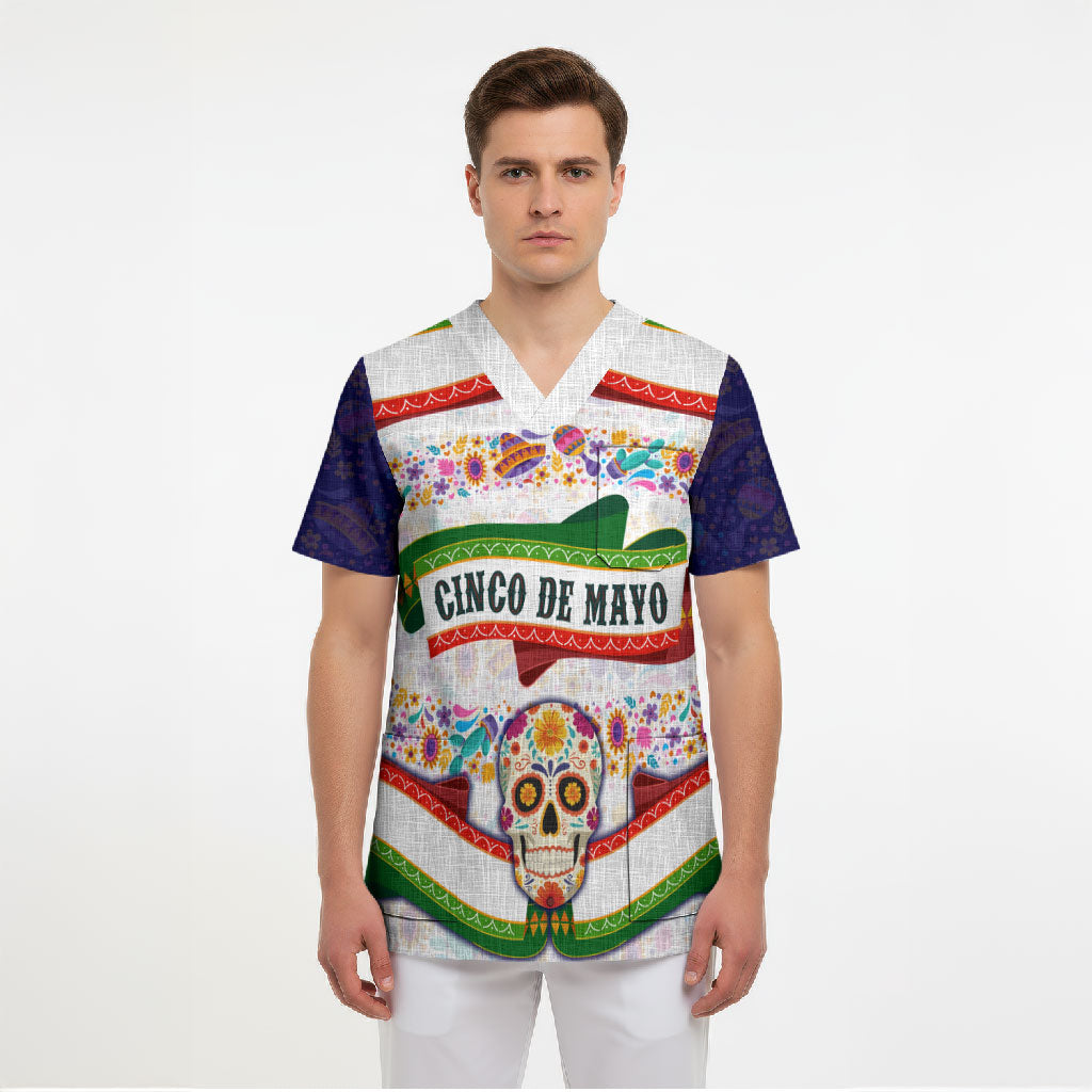 Cinco De Mayo Sugar Skull Mariachi Scrub Top Mexican Fiesta Floral Skeleton Guitar Folk Art