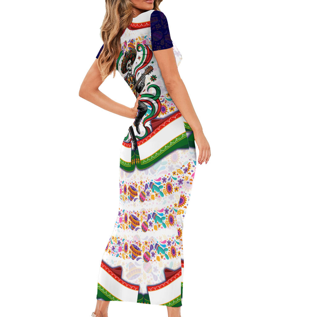 Cinco De Mayo Sugar Skull Mariachi Short Sleeve Bodycon Dress Mexican Fiesta Floral Skeleton Guitar Folk Art
