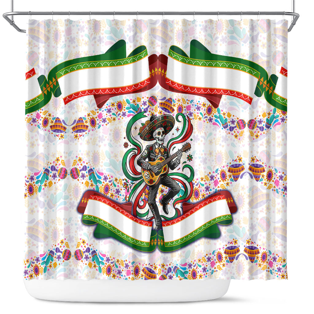 Cinco De Mayo Sugar Skull Mariachi Shower Curtain Mexican Fiesta Floral Skeleton Guitar Folk Art