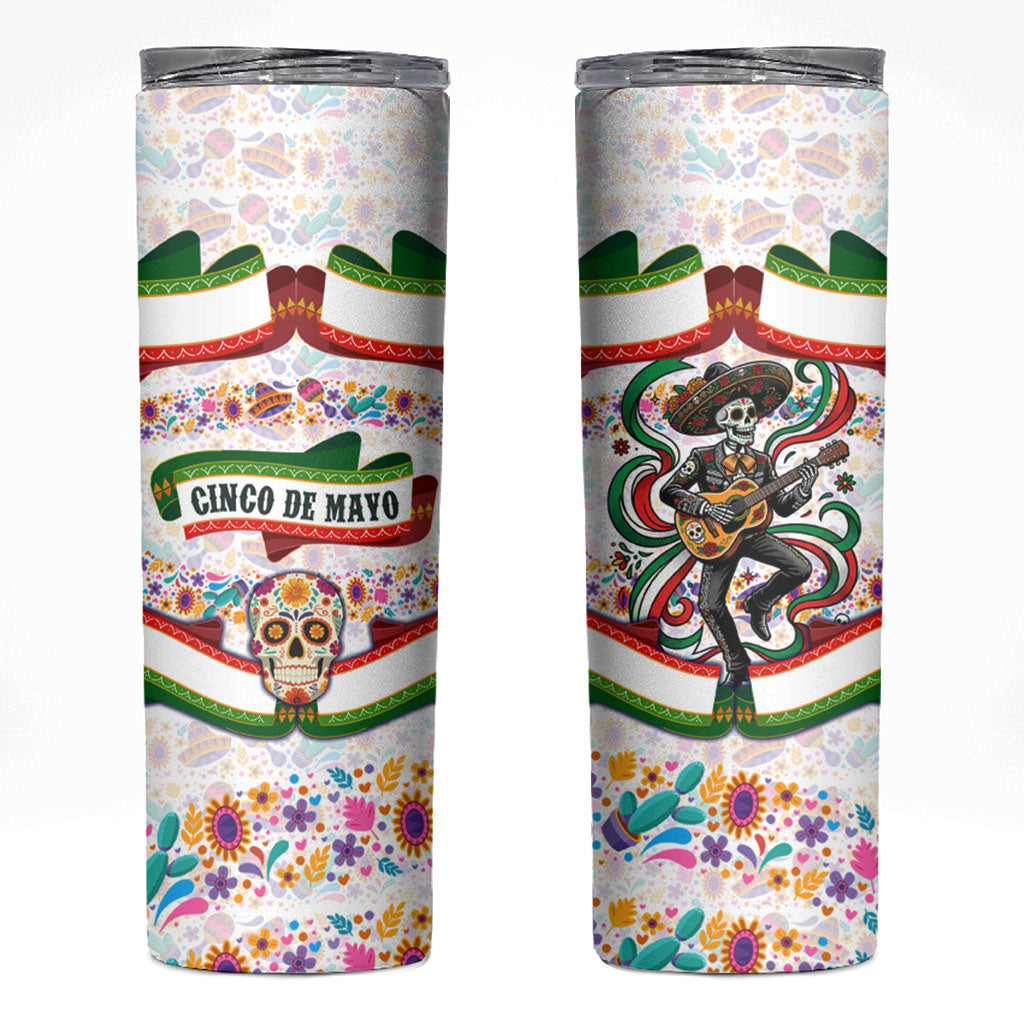 Cinco De Mayo Sugar Skull Mariachi Skinny Tumbler Mexican Fiesta Floral Skeleton Guitar Folk Art