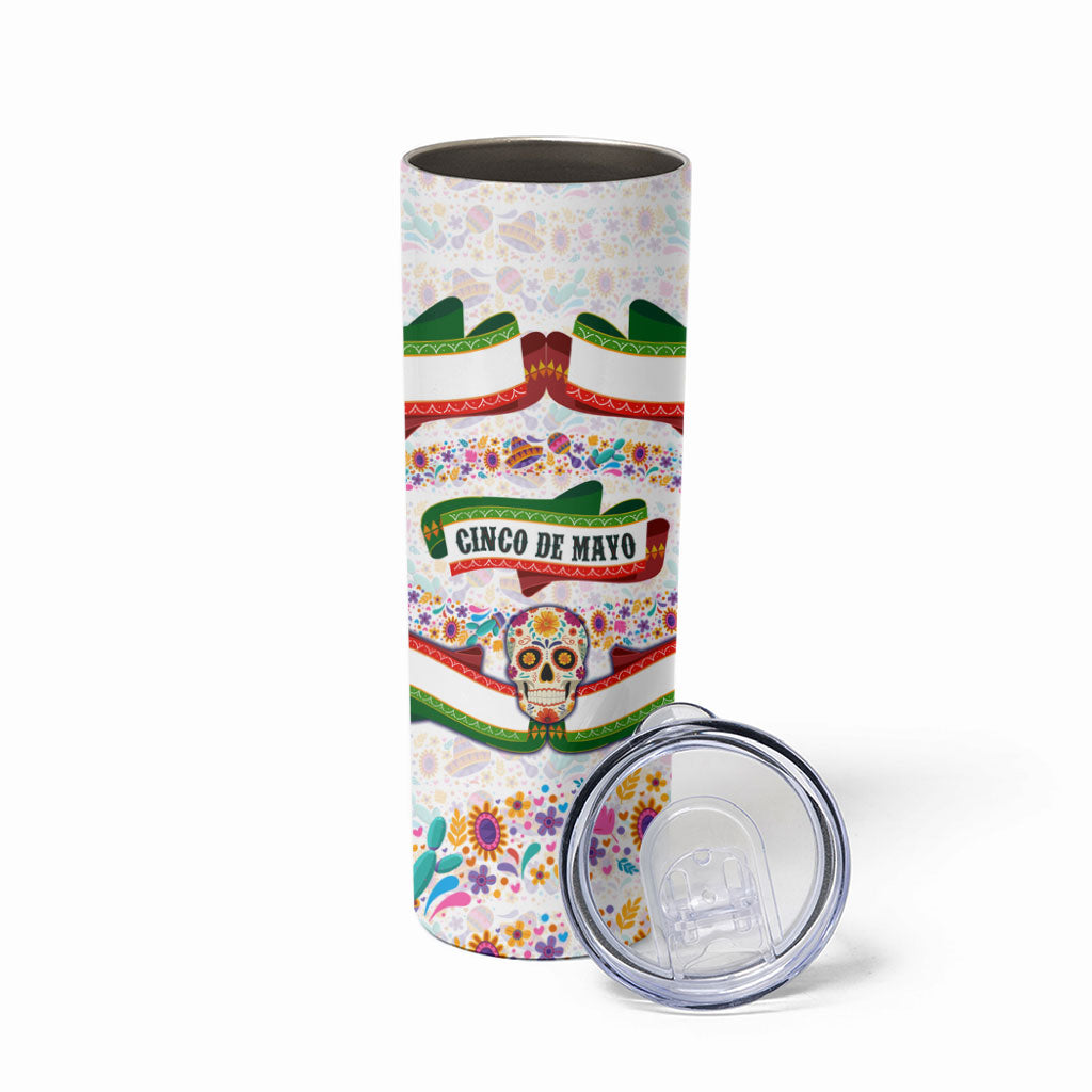 Cinco De Mayo Sugar Skull Mariachi Skinny Tumbler Mexican Fiesta Floral Skeleton Guitar Folk Art