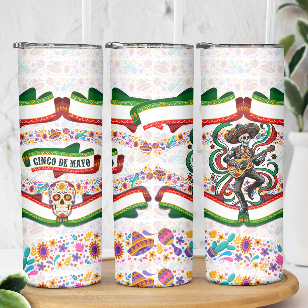 Cinco De Mayo Sugar Skull Mariachi Skinny Tumbler Mexican Fiesta Floral Skeleton Guitar Folk Art