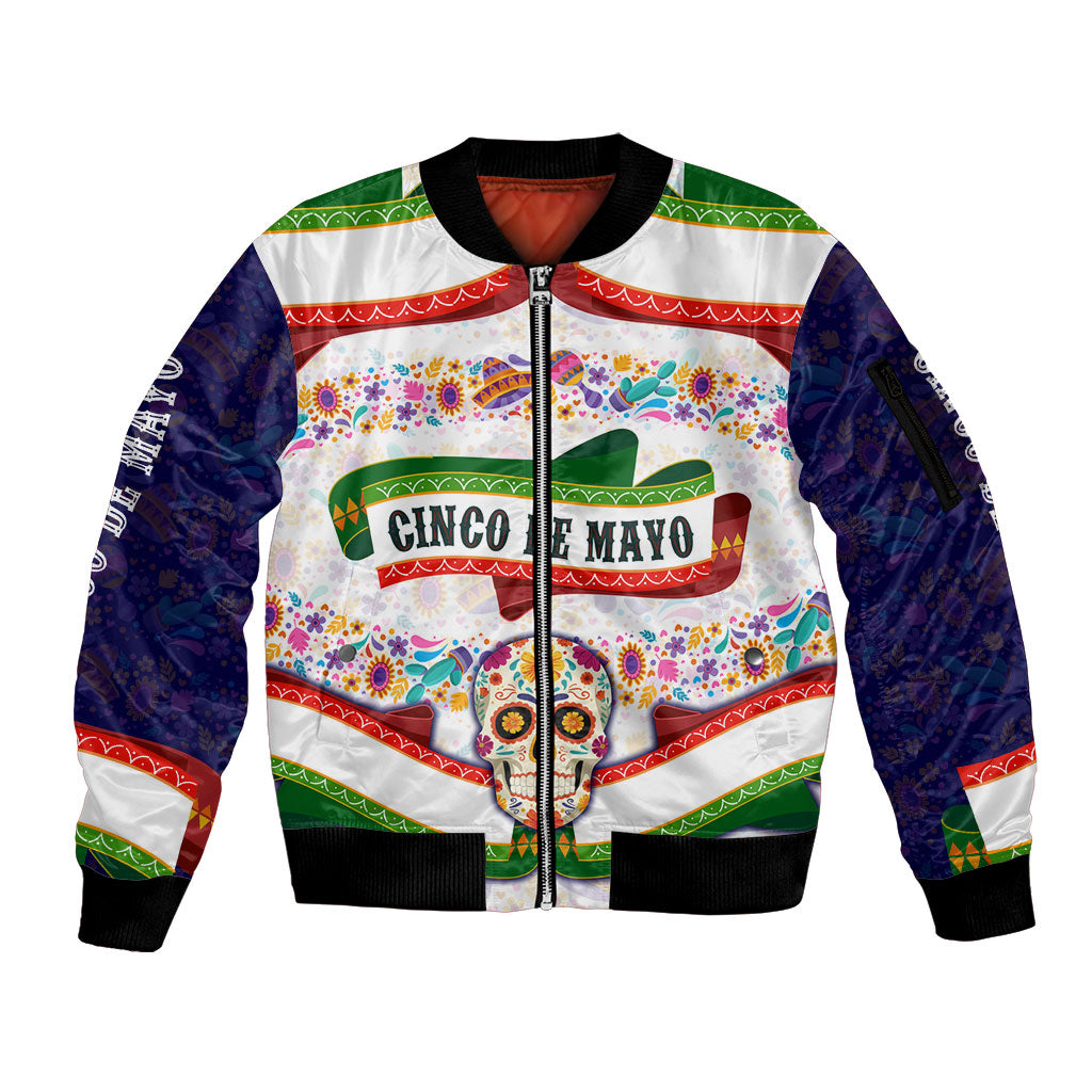Cinco De Mayo Sugar Skull Mariachi Sleeve Zip Bomber Jacket Mexican Fiesta Floral Skeleton Guitar Folk Art