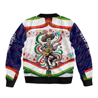 Cinco De Mayo Sugar Skull Mariachi Sleeve Zip Bomber Jacket Mexican Fiesta Floral Skeleton Guitar Folk Art