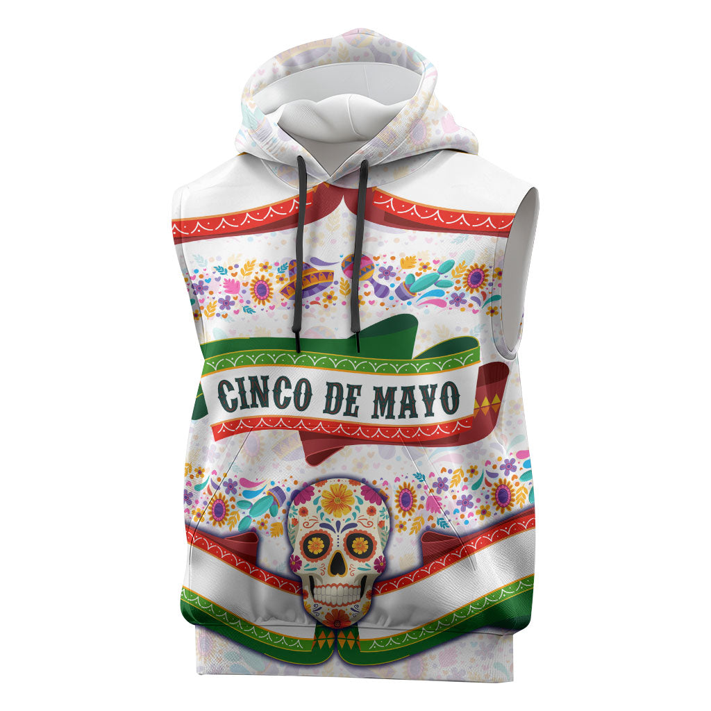 Cinco De Mayo Sugar Skull Mariachi Sleeveless Hoodie Mexican Fiesta Floral Skeleton Guitar Folk Art