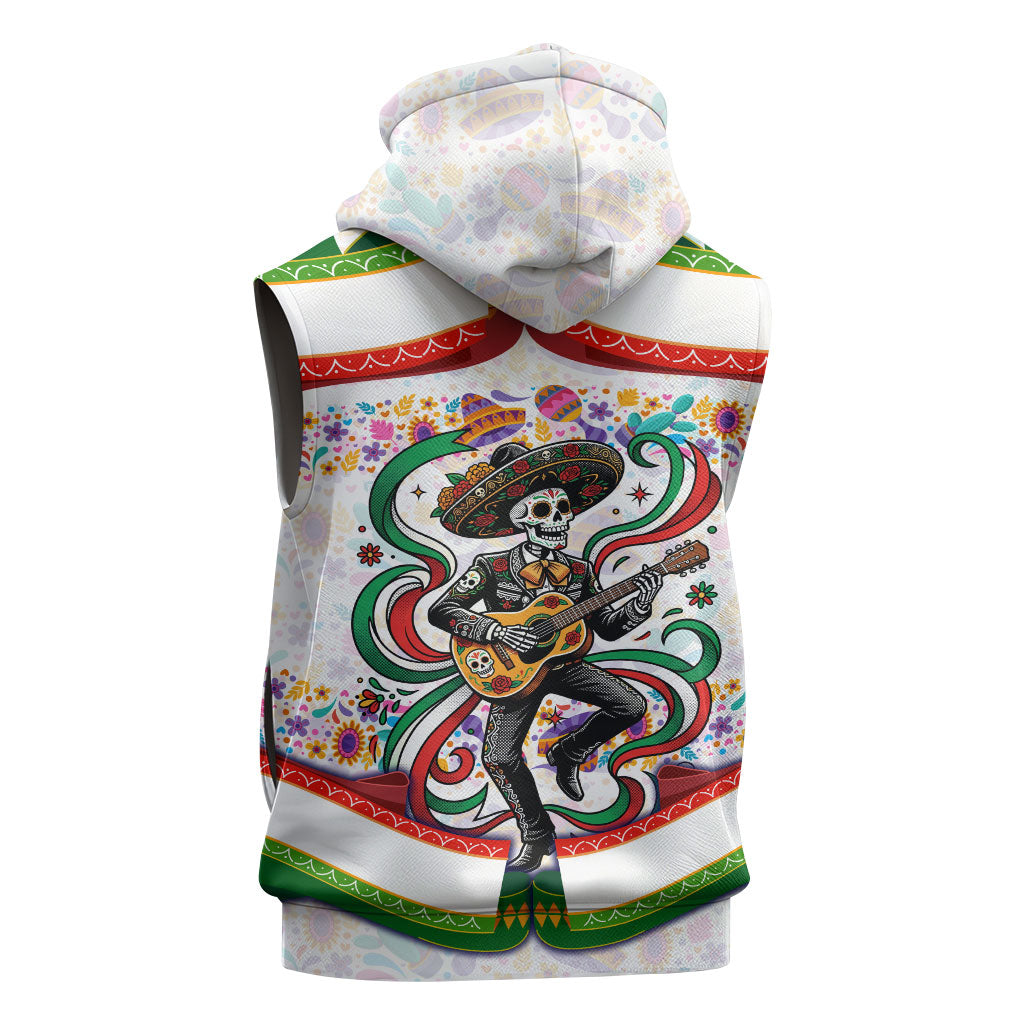 Cinco De Mayo Sugar Skull Mariachi Sleeveless Hoodie Mexican Fiesta Floral Skeleton Guitar Folk Art