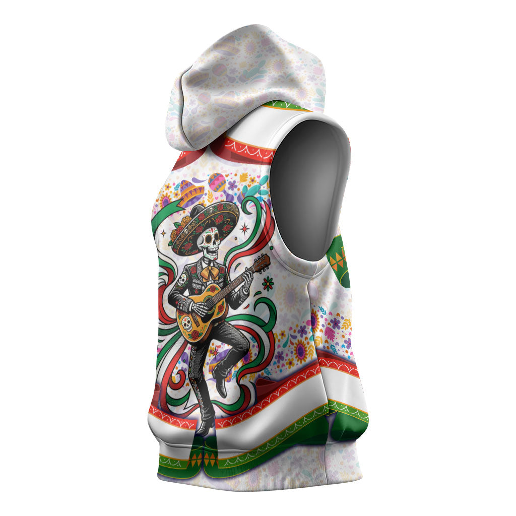 Cinco De Mayo Sugar Skull Mariachi Sleeveless Hoodie Mexican Fiesta Floral Skeleton Guitar Folk Art