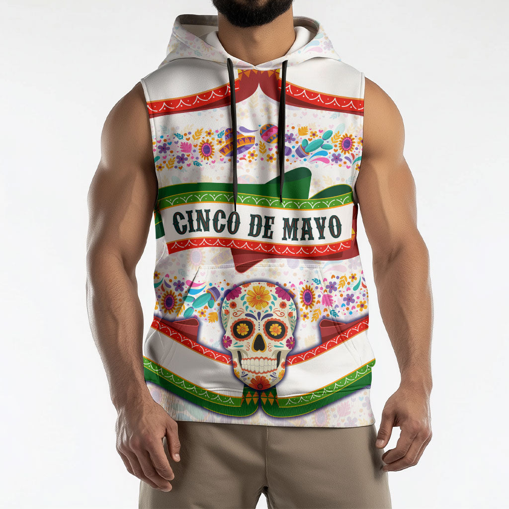Cinco De Mayo Sugar Skull Mariachi Sleeveless Hoodie Mexican Fiesta Floral Skeleton Guitar Folk Art