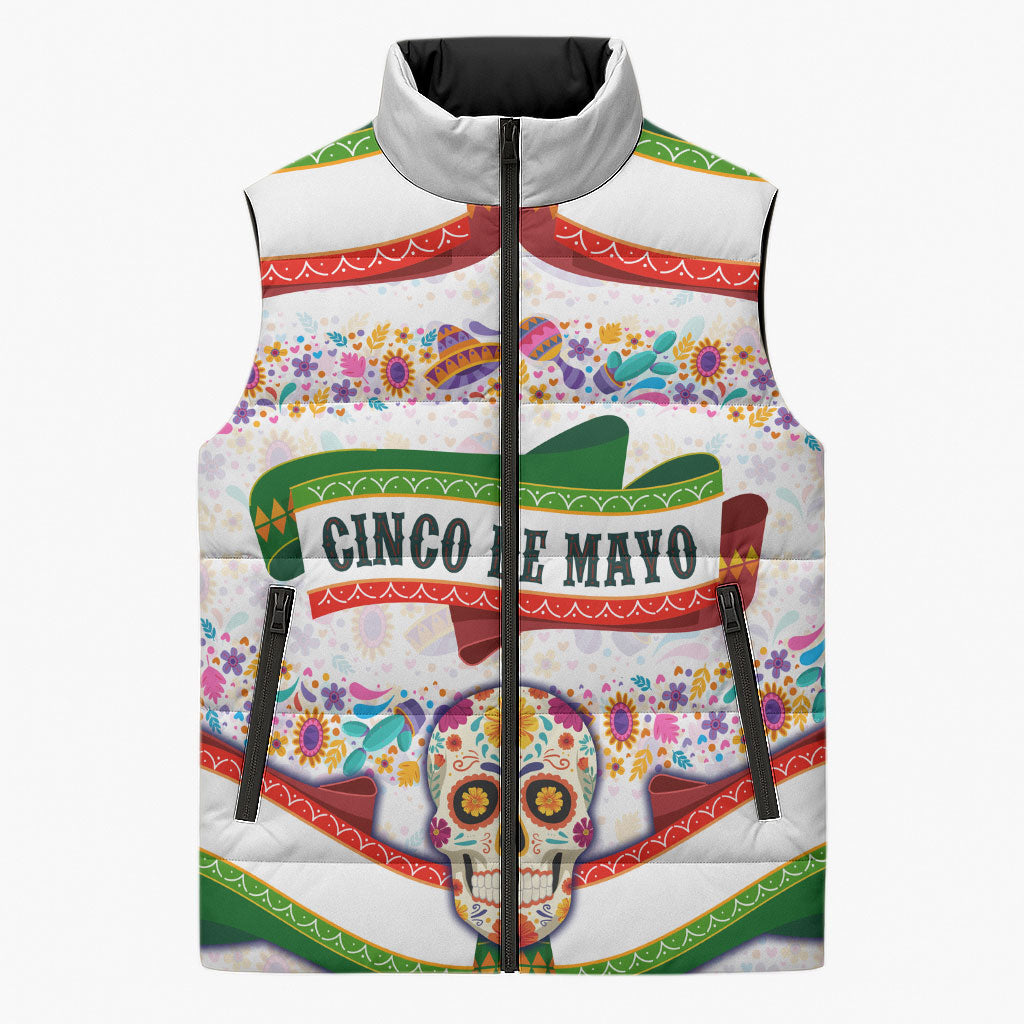 Cinco De Mayo Sugar Skull Mariachi Sleeveless Puffer Jacket Mexican Fiesta Floral Skeleton Guitar Folk Art