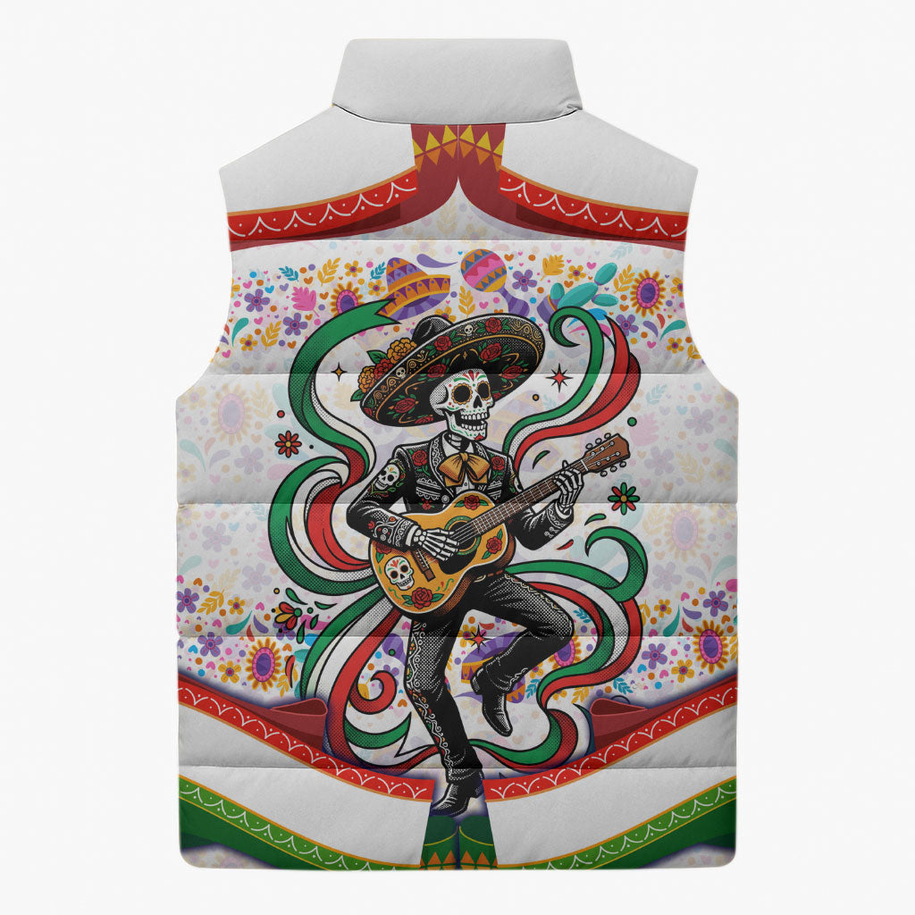 Cinco De Mayo Sugar Skull Mariachi Sleeveless Puffer Jacket Mexican Fiesta Floral Skeleton Guitar Folk Art