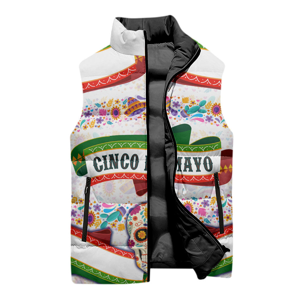Cinco De Mayo Sugar Skull Mariachi Sleeveless Puffer Jacket Mexican Fiesta Floral Skeleton Guitar Folk Art