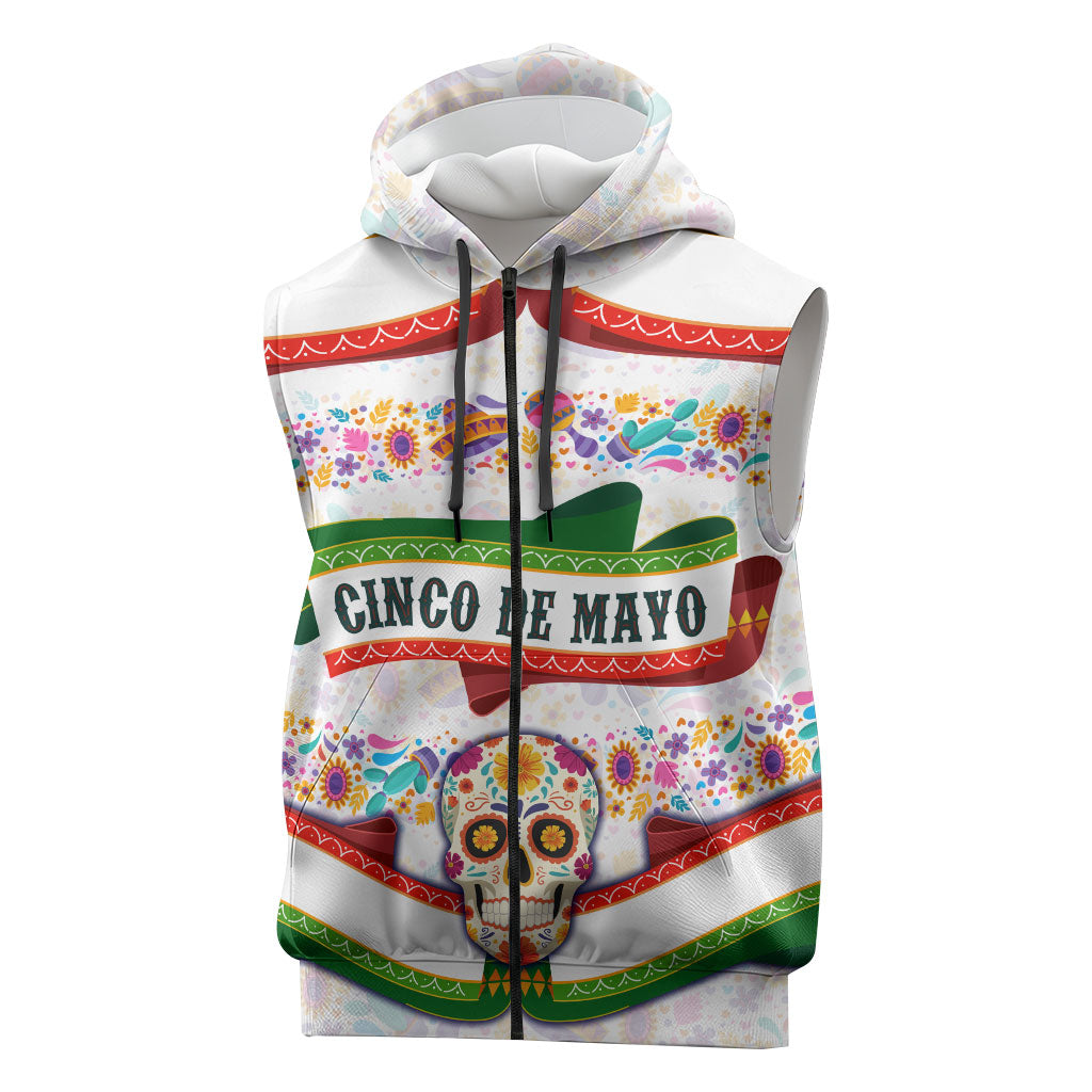 Cinco De Mayo Sugar Skull Mariachi Sleeveless Zip Hoodie Mexican Fiesta Floral Skeleton Guitar Folk Art