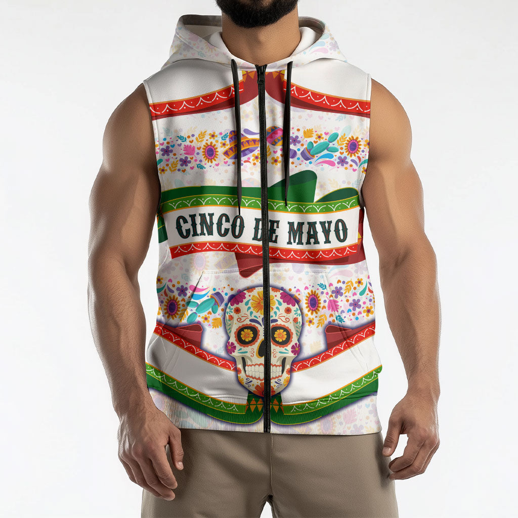 Cinco De Mayo Sugar Skull Mariachi Sleeveless Zip Hoodie Mexican Fiesta Floral Skeleton Guitar Folk Art