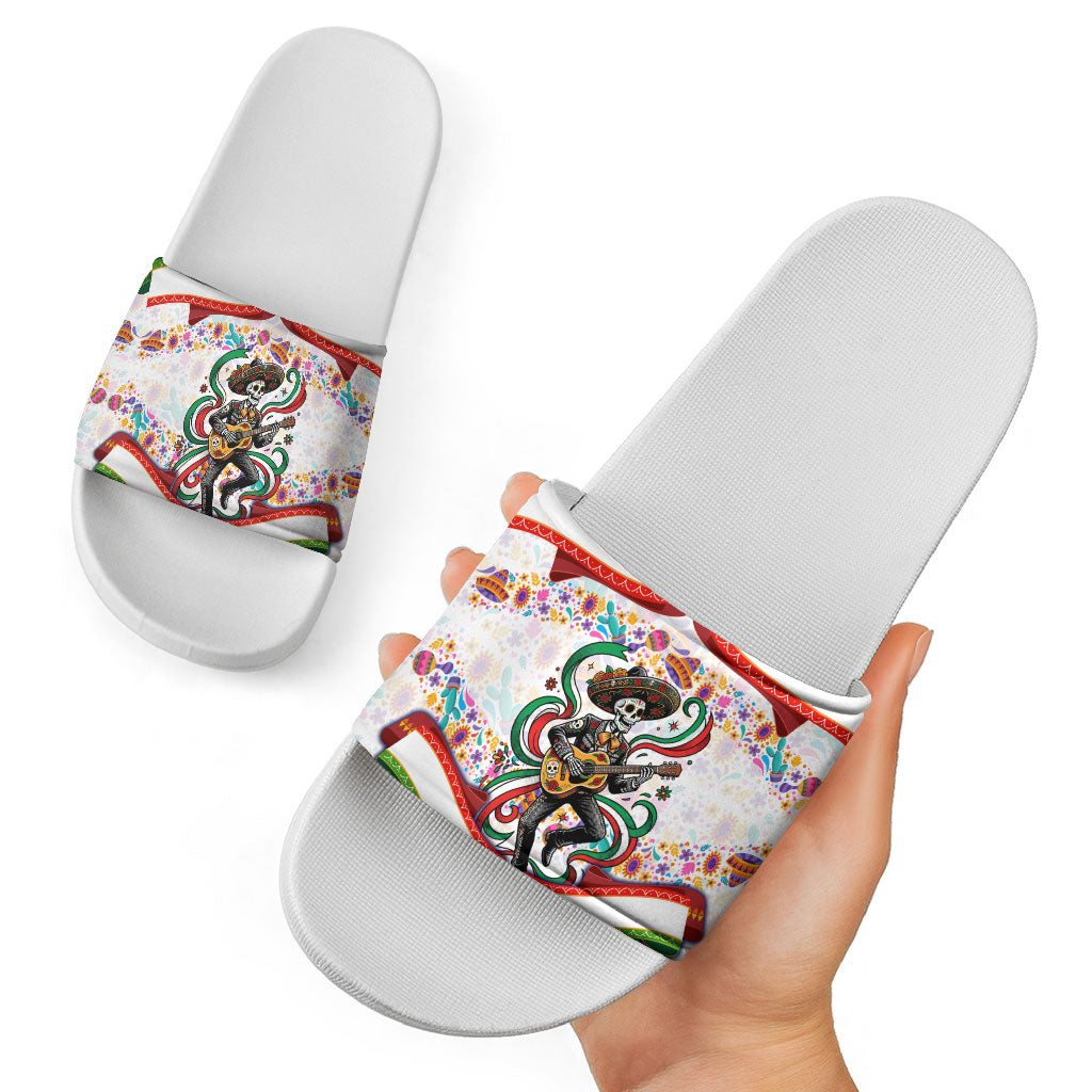 Cinco De Mayo Sugar Skull Mariachi Slide Sandals Mexican Fiesta Floral Skeleton Guitar Folk Art