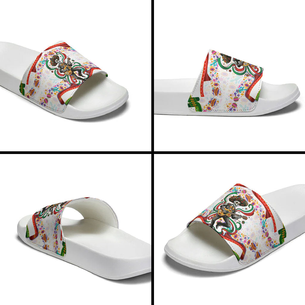 Cinco De Mayo Sugar Skull Mariachi Slide Sandals Mexican Fiesta Floral Skeleton Guitar Folk Art