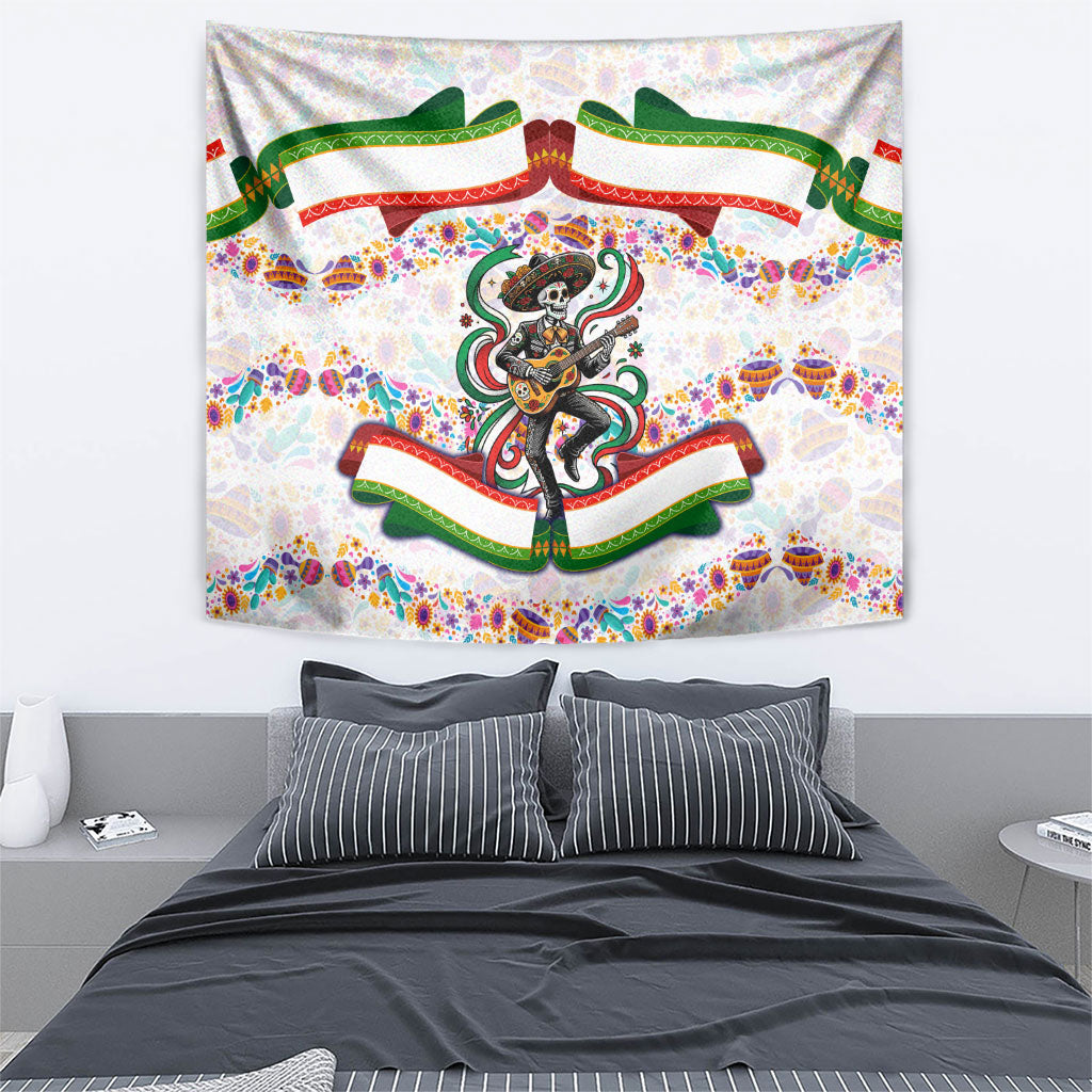 Cinco De Mayo Sugar Skull Mariachi Tapestry Mexican Fiesta Floral Skeleton Guitar Folk Art