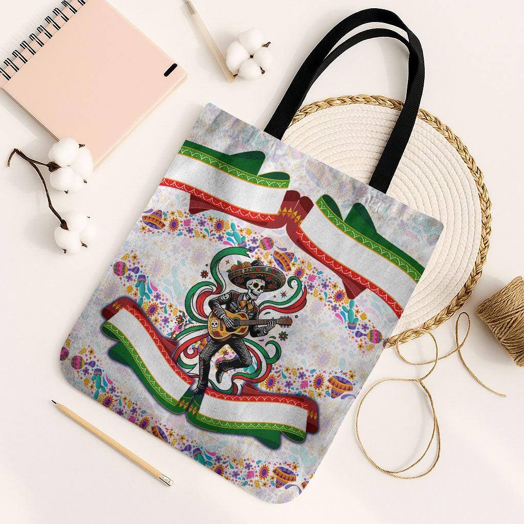 Cinco De Mayo Sugar Skull Mariachi Tote Bag Mexican Fiesta Floral Skeleton Guitar Folk Art