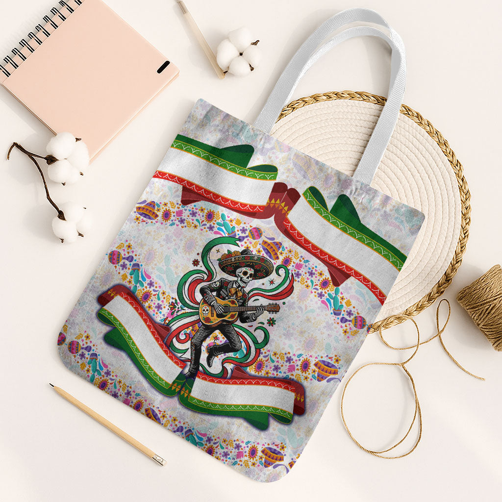 Cinco De Mayo Sugar Skull Mariachi Tote Bag Mexican Fiesta Floral Skeleton Guitar Folk Art