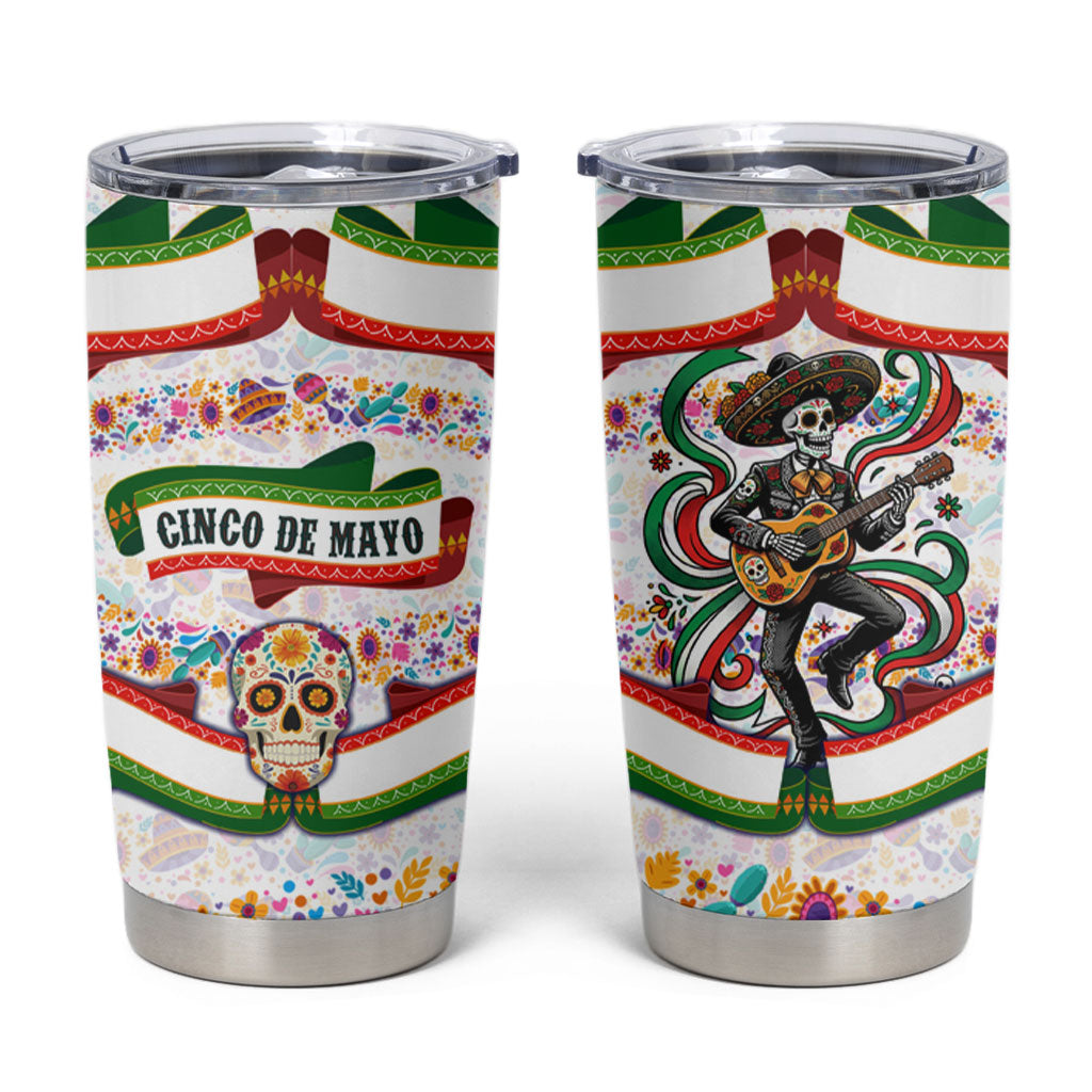 Cinco De Mayo Sugar Skull Mariachi Tumbler Cup Mexican Fiesta Floral Skeleton Guitar Folk Art