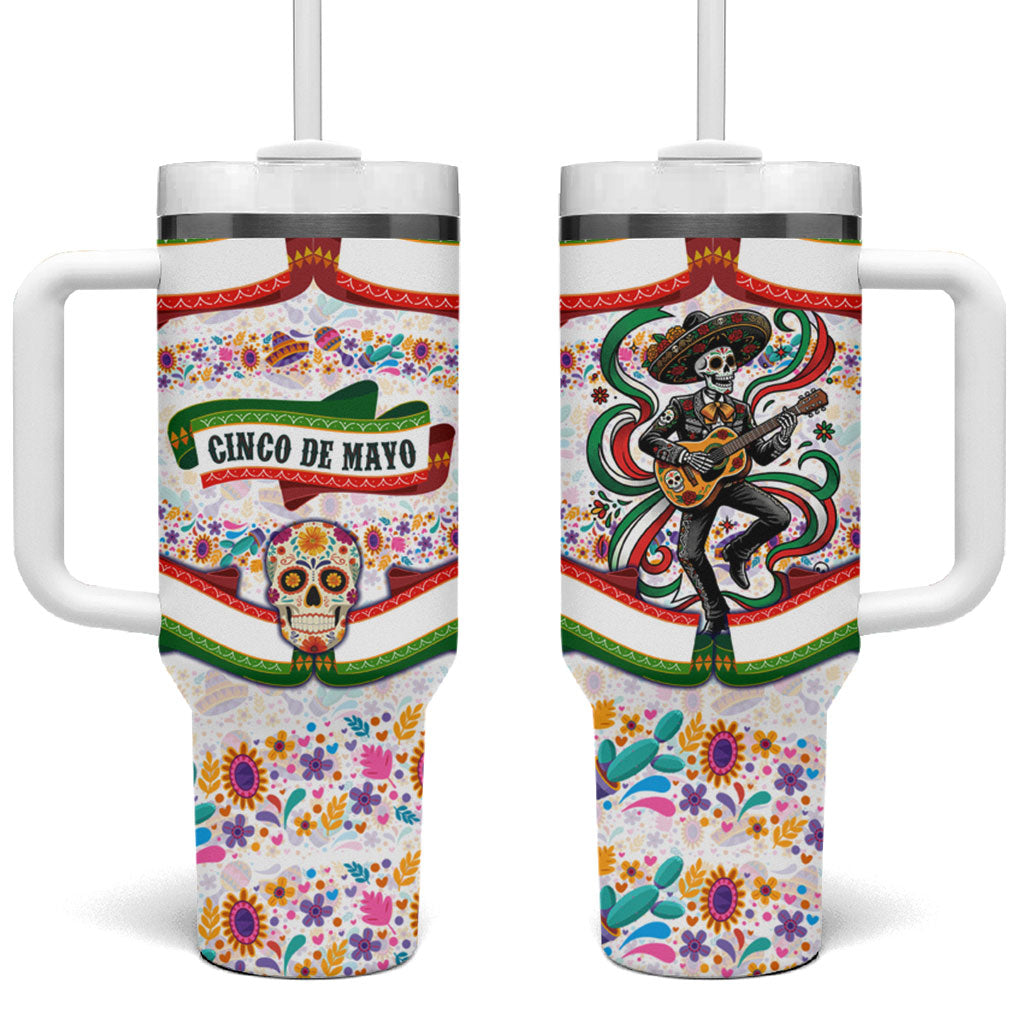 Cinco De Mayo Sugar Skull Mariachi Tumbler With Handle Mexican Fiesta Floral Skeleton Guitar Folk Art