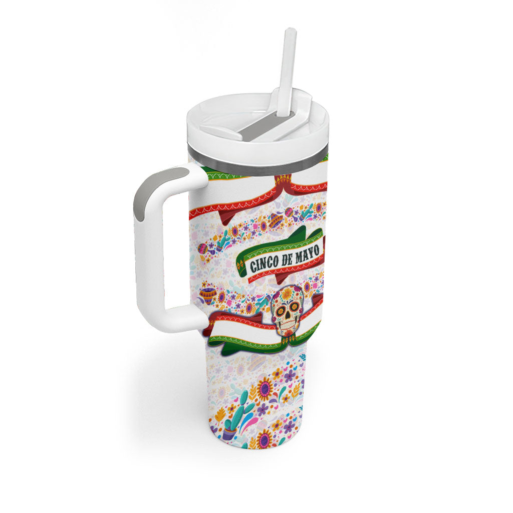 Cinco De Mayo Sugar Skull Mariachi Tumbler With Handle Mexican Fiesta Floral Skeleton Guitar Folk Art