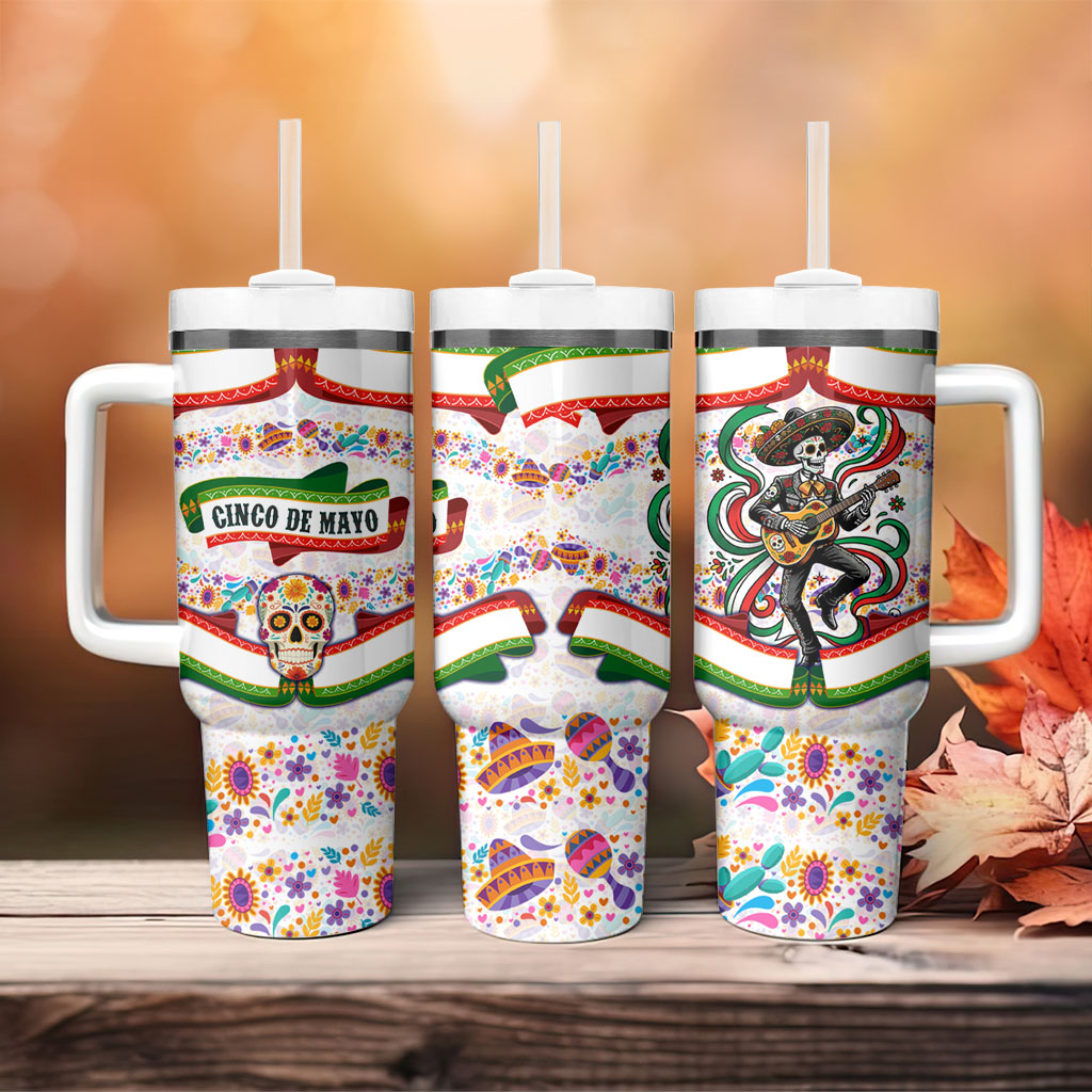 Cinco De Mayo Sugar Skull Mariachi Tumbler With Handle Mexican Fiesta Floral Skeleton Guitar Folk Art