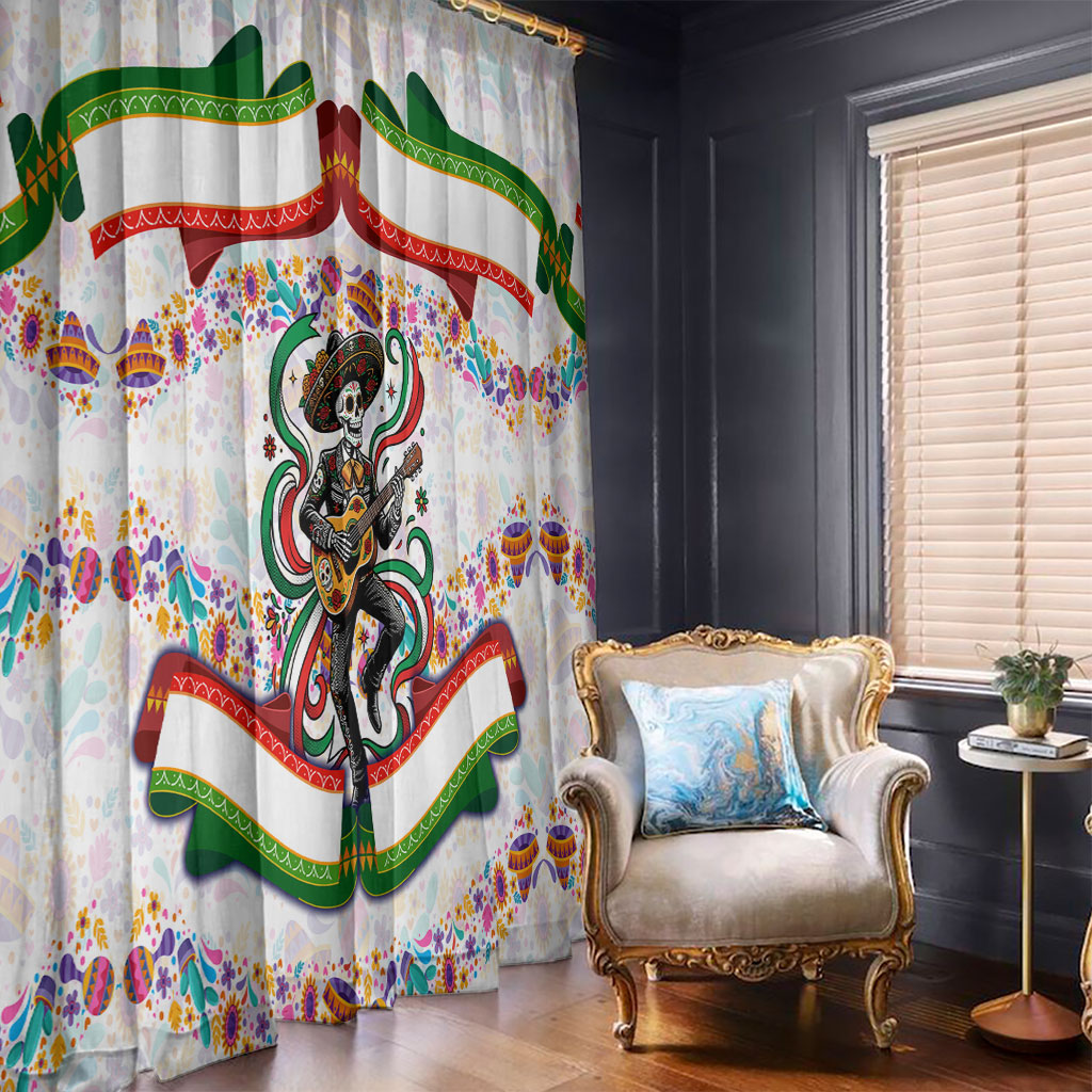 Cinco De Mayo Sugar Skull Mariachi Window Curtain Mexican Fiesta Floral Skeleton Guitar Folk Art